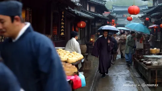 “包子喽，好吃的大包子！馅多皮薄，只要一文钱，来看看喽……”
“卖豆腐花喽，五文钱一碗……”
“卖烧饼喽……”
熙熙攘攘的大街上，各种吆喝声、讨价声彼此起伏，显得格外热闹。
然而，一个衣着长衫素袍，书生模样的青年却憔悴而又失落，行尸走肉般的一步一个脚印，毫无生气的往客栈走去。
临近客栈，一个小厮模样的仆人迎了出来。
“少爷，中了吗？”
“没有，又落榜了”
书生十分失落的道。
“明年再考吧！少爷还年轻”
小斯安慰道。
“也只能如此了，阿九，收拾盘缠，备好马车，我要回家。”书生对小斯吩咐。
“好的，少爷。”
……
一个时辰后
古道上，一辆马车颤颤巍巍的前行着。灰暗的天空突然下起绵绵秋雨，伴随着潇潇西风，凉意自起。
前路泥泞，小斯阿九赶着马车行进艰难，只得停下休憩。青年书生撑起油伞，下了厢围，走到古道边上的大树下避雨。
忽然，他发现不远处的林子里，有一处显眼的孤坟。心下一动，不由的作诗一首：
古道边上停，孤山林间立。
落雨惊幽魂，西风含笑去。
正细细品味，不久传来阿九的声音。
“少爷，雨停了，咱们启程吧！”
“嗯”
书生上了马车，小厮阿九拿起鞭绳，一甩打在老马屁股上，马车摇摇晃晃的前进。
淅淅沥沥的古道上，传来阿九与书生的对话声。
“少爷，刚刚你作的诗词有名字吗？”
“有的，《孤山》”
“少爷，你真有文采！一听就很深奥！”
“你懂？”
“不懂！”
“……”
马车渐渐远去，然而，此时林子中的那座孤坟，突然飘出一道虚幻婀娜的影子，痴痴的看着马车，怔怔出神。就在马车快要消失，影子随手一点，一道无形之气射入马车厢围内，随后化作秋风消失不见。
转过一个高岗，马车突然在一个岔路口停了下来。
“少爷，前面就到400里枫叶山林了，我们要不要换路？”
“阿九啊，为什么要换路！”
“听说枫叶山林中有鬼，换一条路安全一点。”
“换另一条路要多走多少时日？”
“少爷，换路的话，要绕道兖州，可能要多走一个月。”
“那就继续向枫叶林前进吧！所谓子不语怪力乱神！我身为读书人，身正不惧邪魅！”书生正气豪言道。
“少爷，真君子！”
阿九崇拜的说道，随后赶着马车向右边枫叶林前进。
枫叶林中，一片飘红。偶尔秋风乍起，吹起漫天的浪漫。
马车徐徐而过，好似一幅画卷。
细雨过后，迟来的晚霞，更添加了几分艳丽色彩。
书生打开窗帘，遥望着这迷人的景色。不禁有感吟诵道：
远上寒山石径斜，白云深处有人家。
停车坐爱枫林晚，霜叶红于二月花。
“少爷你真厉害，这首比刚才作的更加好！”
“你怎么知道？”
“因为字比刚才的多啊！”阿九理所当然的说。
“哦！但这不是我作的，是大唐时期杜牧的作品”
“哦，少爷你懂的真多”
“……”
“斜风细雨暮潺潺，彩光复照白云里。”
“红枫麟袖青山襟，天下江湖如我怀。” by Hailuo AI Video Generator