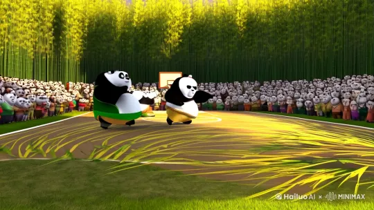 阳光透过竹叶洒在篮球场上，三只身穿不同颜色球衣的熊猫正在激烈地比赛，一只熊猫用肚子运球突破，另一只熊猫高高跃起准备盖帽，第三只熊猫则在三分线外准备投篮。
* **动作描述:**  胖达用肚子顶着篮球，笨拙地运球前进，闪电一个箭步冲上来抢断，球神接球后一个转身跳投，篮球在空中划出一道优美的弧线。
* **氛围描述:**  场边的观众们屏住呼吸，紧张地注视着篮球，随着篮球入网，观众们爆发出热烈的欢呼声，熊猫球员们也兴奋地抱在一起庆祝。 by Hailuo AI Video Generator