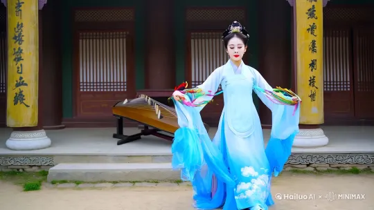 面容姣好的古风美女，柳叶眉、丹凤眼，樱桃小口不点而朱。身着一袭飘逸的水蓝色襦裙，裙角绣着精致的云纹，彩带随风轻扬。在古色古香的庭院中，伴着悠扬的古筝曲，轻移莲步，拂袖、折腰，舞姿轻盈曼妙，尽显古典韵味 。 by Hailuo AI Video Generator