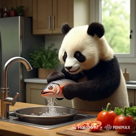 "A super realistic,lifelike panda is washing the fish in the kitchen sink. It grabs the fish with its paws to clean it. In the background,there are stainless steel appliances,sunlight streaming in,and greenery visible through the window. Tomatoes,peppers,and leafy greens are placed on a wooden cutting board. Warm tones,vivid textures,and a cozy,serene atmosphere enhance the detailed realism.", by Hailuo AI Video Generator