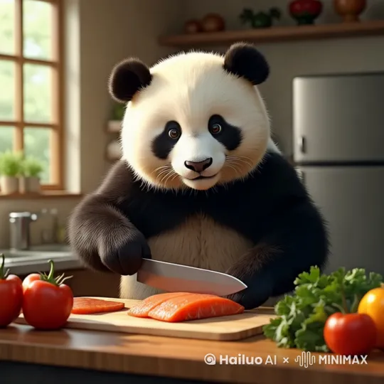 "A super realistic, lifelike panda is cutting fish with a knife on a wooden cutting board. Tomatoes, peppers, and leafy greens are placed beside it. In the background, there are stainless steel appliances, sunlight streaming in, and greenery visible through the window. Warm tones, vivid textures, and a cozy, serene atmosphere enhance the detailed realism." by Hailuo AI Video Generator