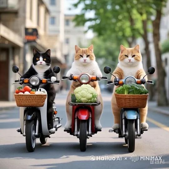 花猫们面带笑容的骑着电动车向前驶去，符合运动轨迹,画面自然 by Hailuo AI Video Generator