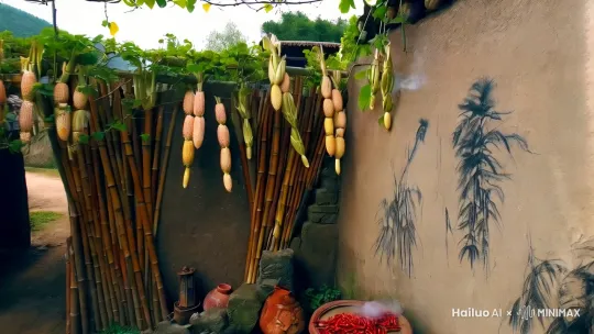 全景镜头
水墨晕染的农家小院，竹篱笆爬满藤蔓，白发老人弯腰从陶罐中捧出金黄的干黄花菜，炊烟袅袅升起。
特写镜头
石磨旁，老人布满皱纹的手轻撒黄花菜入药臼，食材与枸杞、红枣交错，墨色笔触勾勒蒸汽缭绕。
中景镜头
老人端坐木案前，手持竹简对照晾晒的黄花菜，背景悬挂成串玉米辣椒，水墨线条晕染出斑驳土墙。
动态镜头
枯笔飞白中，老人将焯水的鲜黄花菜倒入竹筛，水滴溅落成墨点，篱笆外隐约可见戴斗笠的送菜农人。
俯视镜头
圆形石井边，老人手持竹筛筛选黄花菜干货，地面散落零碎枝叶，水墨留白处两只麻雀啄食残渣。
意境镜头
月下庭院，老人执陶壶向杯中注入黄花菜茶，水面倒映残月，毛笔皴擦出远处山峦叠影。
组合镜头
矮几陈列黄花菜木耳汤、药膳粥，老人执木勺试味，桌角斜放翻开的《本草纲目》，墨迹未干的毛笔搁在砚台。
符号镜头
虚化背景中，水墨绘制的脑部经络图悬浮空中，老人手指轻点黄花菜，金线流光缠绕古籍上的「健脑」篆字。
对比镜头
左侧鲜黄花菜在沸水中翻腾，右侧干货在竹匾舒展，老人持蒲扇控火，墨色浓淡表现水雾蒸腾。
收尾镜头
夕阳斜照院门，老人背对镜头捧碗微笑，门槛外水墨渲染的黄花菜田随风起伏，题款朱印「食养天地」渐显。 by Hailuo AI Video Generator