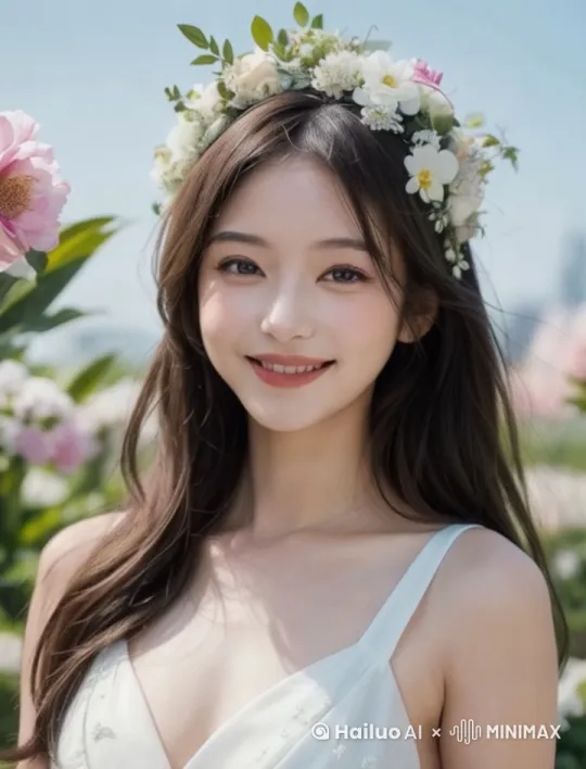 美女摘下一朵花放在身前问了一下，微微一笑 by Hailuo AI Video Generator