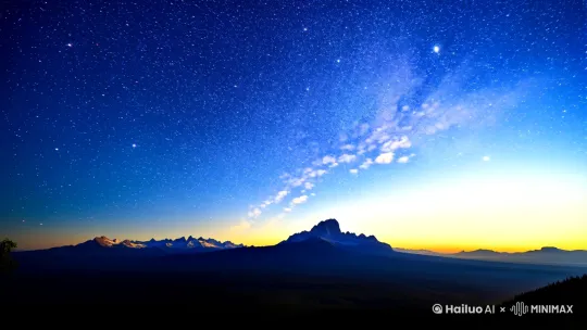 1. **开场**：星空下的山脉，镜头缓缓推进，配上柔和的音乐。
2. **过渡**：云雾缭绕的森林，阳光透过树叶洒下，加入一些光晕特效。
3. **高潮**：瀑布与彩虹的交织，加入慢动作和粒子效果，营造出仙境般的感觉。
4. **结尾**：旅行者站在山顶，眺望远方的极光，视频缓缓淡出。 by Hailuo AI Video Generator