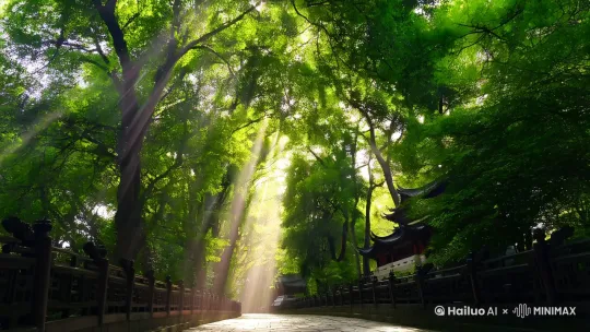 慢慢登上灵隐寺后通往韬光寺的小路，绿荫环绕，阳光透过树叶间隙倾泻而下[上升]空气中有细微的小尘埃反射出点点光芒。 by Hailuo AI Video Generator