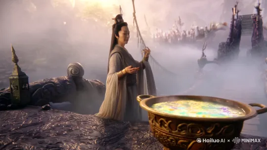 奈何桥上孟婆不断搅动着大锅里的孟婆汤 by Hailuo AI Video Generator