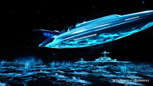 史诗级科幻场景,黑暗宇宙中的舰队坟场,水银般液态外星探测器静止悬浮于画面中央,超反光镜面材质完美映照出远处人类星际战舰的冷蓝色光辉,巨型歼星舰轮廓隐现于背景中,离子推进器散发微弱蓝光,银河星光如钻石尘闪烁,电影级体积光运用,光线追踪反射细节,超现实3D渲染,Artstation美学趋势,霓虹蓝与机械银主色调,压迫式危机氛围,灵感源自《银翼杀手2049》和《星际穿越》--ar 21:9 --v 6.0 by Hailuo AI Video Generator