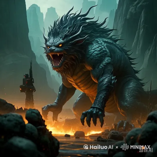 怪兽咆哮喷火，镜头拉远背后一片生灵涂炭 by Hailuo AI Video Generator