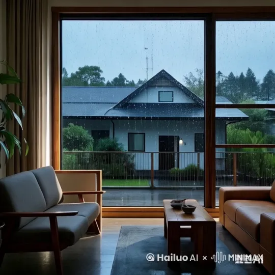 外面下着大雨，一只小猫跳上沙发，茶几上一杯热茶冒着热气 by Hailuo AI Video Generator