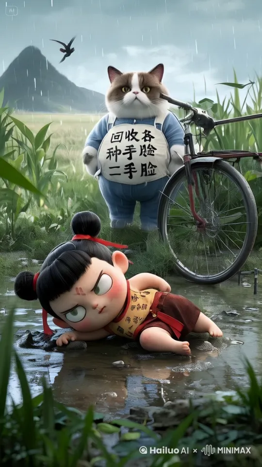 主体动态呈现,随机运镜。
45度视角,细雨绵绵的田野里。
站着一个拟人化圆滚滚的大胖布偶猫。
大胖布偶猫穿着美容师衣服,衣服上面写着“回收各种二手脸”。
远处停着一辆破旧的二八大杠自行车。
地上躺着魔丸哪吒,脸上满是痘痘,大大的黑眼圈,梳着双丸子头,发束系着红丝带,额间有红色魔童印记,超大的黑眼圈,身着肚兜,系着黄腰带,下身是红褐相间的裤子,光着脚,颈戴金项圈。
魔丸哪吒有气无力地躺在水坑里,浑身湿透了,身上满是泥水。
魔丸哪吒微闭着双眼,眼光中充满了企盼和渴望。
背景在细雨绵绵的田野里,有庄家,有花,有树,有草,有飞鸟,有高山,小清新的感觉。
主体细节突出大胖布偶猫的神态和动作,以及大胖布偶猫身上的毛发纹理。
突出魔丸哪吒的面部细节。大胖布偶猫抱起脏兮兮的魔丸哪吒,搂在怀里,疼爱的抚摸着。 by Hailuo AI Video Generator