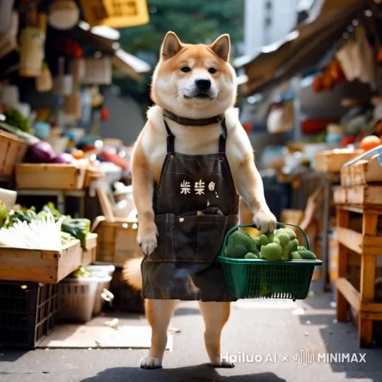 柴犬转身挑选蔬菜 by Hailuo AI Video Generator