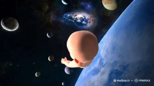 在浩瀚宇宙中,一名婴儿背朝屏幕外,头朝屏幕内,持续向前飞行穿梭在太空中,前方是深邃浩瀚的宇宙,婴儿经过了美丽的地球及各行星上方,可以清晰的看到地球和各个行星在宇宙中的样子,写实风格,请生成一个二十秒左右的视频。 by Hailuo AI Video Generator