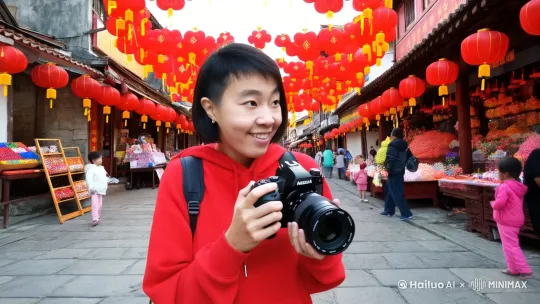 一位二十多岁、充满朝气的年轻摄影师，身着红色的连帽卫衣，背着专业相机，漫步在古朴的小镇街头。她的脸上洋溢着对新年的期待，眼神中闪烁着好奇与探索的光芒。
此时，小镇正沉浸在蛇年春节的浓厚氛围中。古旧的青石板路两旁，挂满了红彤彤的灯笼，微风拂过，灯笼轻轻摇曳。街边的店铺摆满了各式各样的年货，五彩斑斓的糖果、寓意吉祥的春联，应有尽有。人们穿着新衣，脸上带着笑容，互相拱手拜年。
摄影师时而驻足拍摄热闹的街景，时而蹲下抓拍孩子们玩耍的欢乐瞬间，用镜头记录下这温馨美好的新年景象 。 by Hailuo AI Video Generator