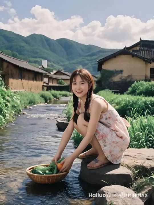 女生微笑着，正在洗菜，动作很真实、很自然，小溪很自然地流动。 by Hailuo AI Video Generator