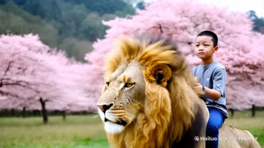 骑在一只身形极其巨大的狮子身上，威武，长毛随风飘动。小孩双手紧紧抓着狮子的长毛，脸上满是好奇与期待。他们行走在桃花盛开乡田野上悠闲地向前走 by Hailuo AI Video Generator