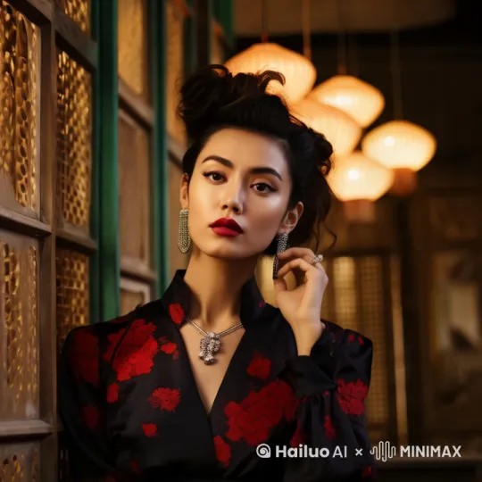 模特缓缓的抬头手摸耳环，动作妩媚，慢慢看向左边 by Hailuo AI Video Generator