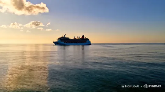 海面上风平浪静，阳光好，一艘游轮安静的驶过，天空中几朵白云，几只海鸥迎着轮船飞过 by Hailuo AI Video Generator