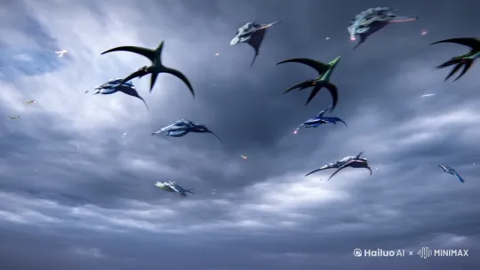 天空中很阴沉，鲲鹏、翼龙、飞船、巨星等巨物抬头可见，地面是一片高度发达的城市，大厦林立，道路交错[左移,上升] by Hailuo AI Video Generator