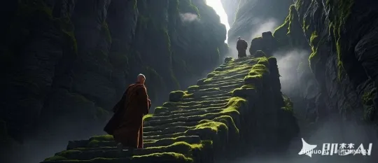增加图片清晰度 电影质感，写实风格，云雾缭绕流动，人物在台阶上行走  by Hailuo AI Video Generator
