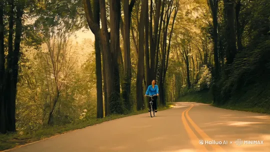 中景生成一段我穿着蓝色衬衫骑着单车穿行在下山的蜿蜒道路上的视频，平视视角，道路四周树木高耸，阳光从茂密的树叶间隙洒下来，在马路上形成流动的光影要求电影质感，色调复古，画面治愈。[跟随,变焦拉远,上升] by Hailuo AI Video Generator