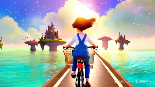**Positive prompts:**
((Ghibli style)), ((watercolor texture)), 
a young girl (Sheeta from Castle in the Sky:1.3) riding vintage bicycle, 
wearing blue overalls and white shirt, wind blowing hair, 
floating island architecture details on handlebars, 
suspended sea highway extending to horizon, 
crystal clear turquoise water on both sides, 
three mushroom-shaped islands ahead with ancient ruins, 
vivid azure sky with cumulus clouds forming Laputa shapes, 
sunlight creating lens flare through spinning bicycle spokes, 
pastel color palette with soft gradients, 
dynamic perspective from low angle showing wheel reflections in water, 
gentle sea breeze ripples, flying steampunk seagulls, 
atmospheric haze blending sea and sky, 
Studio Ghibli's signature painterly brushstrokes, 
Makoto Shinkai-style light particles, 
cinematic depth of field, 35mm film grain

**Negative prompts:**
sharp edges, hyperrealism, cartoonish style, 
dark shadows, neon colors, modern architecture, 
crowded elements, text overlays, anime eyes

**Technical parameters:**
--ar 9:16 --v 6.0 --style raw --s 750 --c 20 by Hailuo AI Video Generator