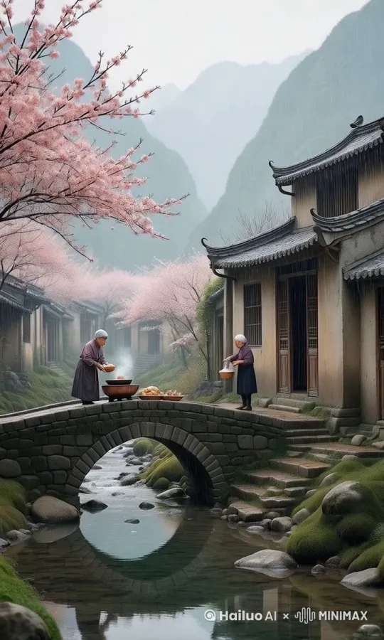炊烟袅袅升起，桃花花瓣随风飘落，老人走在以前热情聊天，河水潺潺流水，镜头缓缓向前推进 by Hailuo AI Video Generator