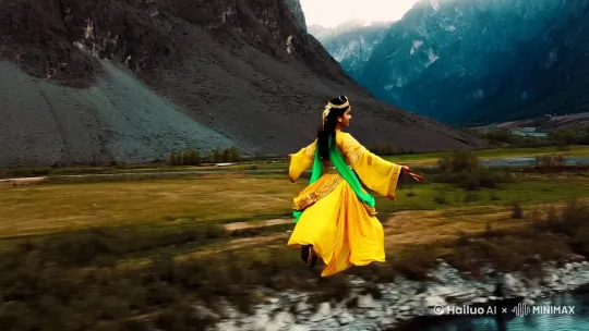 一无人机航拍，跟在背后拍摄，实影风格，高清画质，一个古代的美女，身穿黄绿相间多衣服，双手张开向前方快速的飞行，左右两边的山和山下的河速快速的向后移动，动感模糊。 by Hailuo AI Video Generator