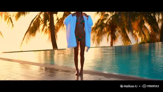 开场准备镜头（3秒）
Prompt: "A tall slender woman with long legs standing poolside, wearing a vibrant tropical print bikini, fluffy white towel draped over shoulders, adjusting her swimsuit straps with elegant fingers, golden hour sunlight casting warm reflections on wet pool tiles, palm trees in background, shallow depth of field"
2. 浴巾滑落瞬间（2秒）
Prompt: "Dynamic mid-action shot, the woman dramatically shrugging off the white towel mid-stride, fabric suspended in air with motion blur, hair whipping sideways revealing diamond necklace, toned abdominal muscles visible, spray water droplets catching sunlight"
3. 起跳动作特写（3秒）
Prompt: "Low angle shot capturing athletic diving form, arched back mid-leap above turquoise pool, arms extended like ballet dancer, bikini fabric stretching taut, droplets flying from fingertips, dramatic cloud formations in sky background"
4. 入水爆发画面（4秒）
Prompt: "Ultra HD underwater photography, female figure piercing water surface with perfect dive entry, massive crystal-clear splash crown effect, bubbles streaming past toned legs, distorted sunlight rays refracting through chlorinated water"
5. 水下优雅特写（3秒）
Prompt: "Macro shot of smiling face emerging through bubbles, water beads rolling down flawless makeup, wet hair floating like golden seaweed, light caressing collarbones, shallow focus emphasizing eyes with water droplets on lashes" by Hailuo AI Video Generator