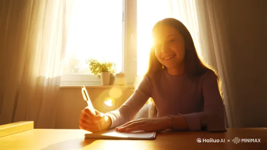 一间明亮的卧室,窗外阳光透过窗户洒进来。妹妹坐在书桌前,手中拿着笔,面带微笑。旁白(配音):亲爱的妹妹,你是最棒的!相信自己,无论是时间、还是努力,都会带你走向成功。每一个清晨,都是新的开始,充满无限可能。你的笑容,如同阳光,温暖了整个房间。手中的笔,承载着你的梦想和希望。每写下一个字,都是你前进的足迹。不要害怕困难,它们只是成功的垫脚石。相信自己,你的潜力无穷无尽。努力不会白费,它会化为成果,回报你的付出。阳光照耀着你,也照亮了前行的道路。每一步都算数,每一点进步都值得庆祝。时间是你的朋友,它会见证你的成长。不要担心失败,它只是成功的另一种形式。保持信心,你将无所不能。你的努力,将会绽放出最美丽的花朵。勇敢面对挑战,你将变得更加强大。每一个日出,都是你奋斗的起点。每一个夜晚,都是你收获的时刻。不要放弃,你的梦想就在前方等待。相信自己,你可以创造奇迹。让我们一起,迎接美好的未来。 by Hailuo AI Video Generator