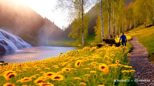 Mountain valley with cascading waterfall, cobblestone path flanked by wild sunflowers and dandelions, red-breasted robin perched on mossy branch, cyclist in breathable windbreaker navigating misty trail, golden hour lighting casting long shadows through birch trees, cinematic wide-angle composition with dynamic foreground flowers.[右移,左摇,跟随] by Hailuo AI Video Generator
