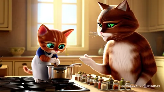 固定镜头，猫宝宝在认真炒菜，猫妈妈在旁边指着要放哪些调料，对猫宝宝说话，辅导猫宝宝炒菜。 by Hailuo AI Video Generator
