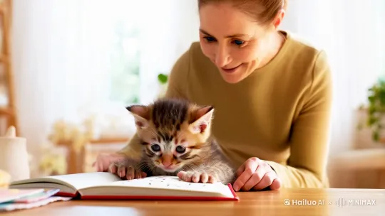 固定镜头，猫宝宝在认真的写作业，猫妈妈在旁边指着书上的字，对猫宝宝说话，辅导猫宝宝写作业。 by Hailuo AI Video Generator
