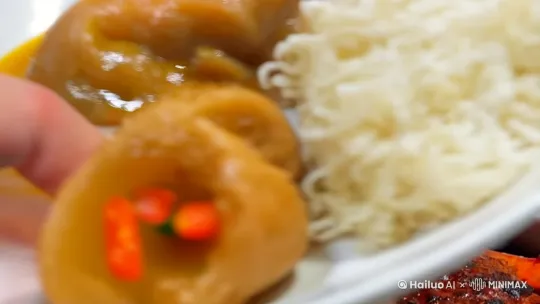 “上菜速度挺快，不一会儿，桌上就摆满了美食。这‘秘制红烧肉’，色泽红亮，肥而不腻，入口即化，简直是人间美味！‘香辣蟹’也是辣得过瘾，蟹肉鲜嫩，辣味十足，让人停不下来！”[左摇,变焦拉远] by Hailuo AI Video Generator