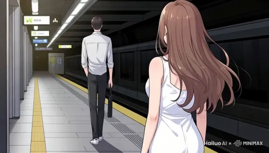 男子头也不回的向前走，女子不舍的看着男子离开的背影，身体微微颤抖，想上前挽留，却又控制住了身体。微风吹动头发。地铁向男子走的方向飞驰而过。 by Hailuo AI Video Generator