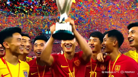 生成中国男子足球队举起大力神杯庆祝的视频 by Hailuo AI Video Generator