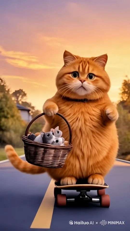 "街头摄影风格，图片上的橘猫站在滑板上，在宽阔的柏油马路上快速滑行，它的耳朵向后贴，表情专注而兴奋，仿佛在享受这股速度带来的刺激。夕阳洒下的金黄色光线勾勒出它灵活的身体线条，橘猫猫爪稳固地抓着滑板，展现出惊人的平衡感。背景是模糊的城市街景，马路旁小屋与行道树交织在一起，增添了一丝都市的动感。低角度拍摄，强调橘猫滑行时的动态和力量，快门捕捉到的瞬间充满了活力和自由。" by Hailuo AI Video Generator