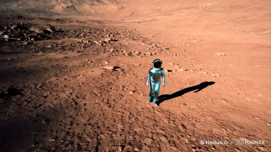 一个身穿宇航服的人行走在另外一个星球上遥望地球。电影级拍摄手法，超写实，自然光，背面拍摄，8K by Hailuo AI Video Generator