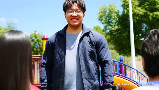 这是一个孔武有力的男人，身具八块腹肌，一天他站在操场上，面对人群，天色晴朗，他面露笑意，用力撑爆了自己的衣服，露出来八块腹肌和健壮的肱二头肌，笑容愈发猖狂 by Hailuo AI Video Generator