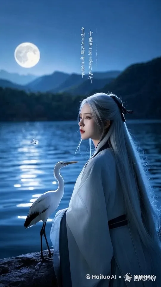 合理的动作，展现图中女人思念郎君，伤心欲绝 刻骨铭心的爱情，仙鹤看到主人伤心也安慰她 by Hailuo AI Video Generator
