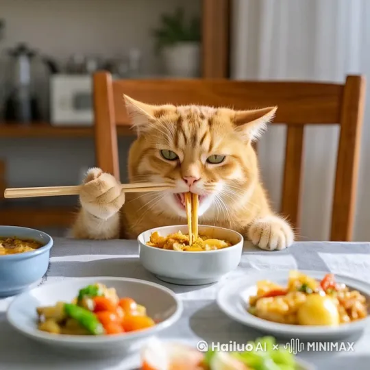 小猫不断地吃面条 by Hailuo AI Video Generator
