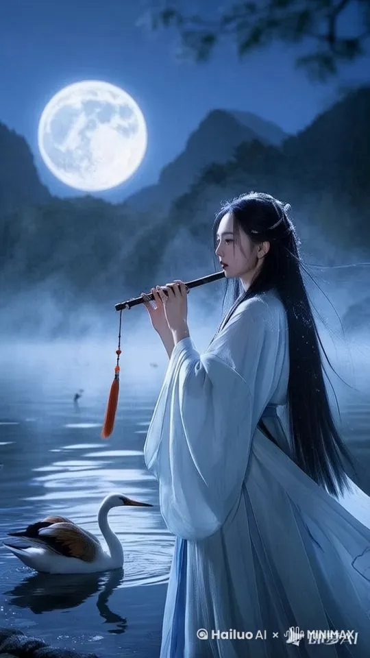 哀怨的笛声，肝肠寸断，天鹅仿佛也懂得女子的心痛 by Hailuo AI Video Generator