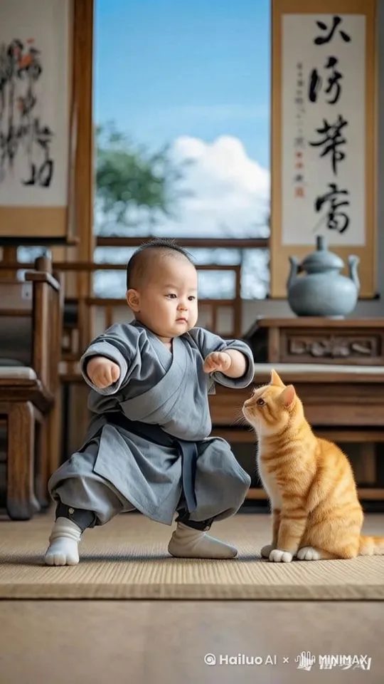 小孩与猫突然使用中国功夫，迅猛直拳，飞踢连击，快速闪避，贴身擒拿，回旋肘击，弹腿快攻，激烈紧张，武术高手般的暴力打斗场面，打出幻影。 by Hailuo AI Video Generator