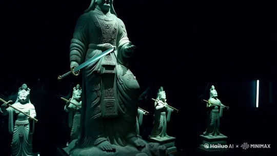 中国古代神话中，道教神仙的半侧面全身像，粗糙的石雕，服饰复杂繁复，神态灵动张扬，环境极暗，轮廓光，局部发出微弱的小荧光，黑色背景，64k，群像，画面中有八尊神像，中间的神像正襟危坐，手持宝剑，高大威猛，所有神像都是战斗姿态 by Hailuo AI Video Generator