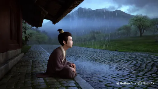 阴雨绵绵的春季，压抑的午后，阴霾的天空背景，远处的山上云雾缭绕，动画人物魔童哪吒无所事事的坐在老屋门口的屋檐下，抬头看着屋外雨水从屋檐上滴落，雨水落在鹅卵石的石板路面上，哪吒看着雨水落下表现得若有所思。 by Hailuo AI Video Generator