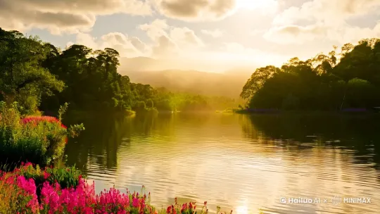清晨的湖面如同一面镜子,湖水平静,倒映着天空中的柔和阳光和飘逸的白云。四周是葱郁的绿树,树影在水中轻轻摇曳。湖岸边,盛开的野花色彩斑斓,微风轻拂,带来花香与草木的气息。远处的山脉若隐若现,缭绕的薄雾如轻纱般轻盈,仿佛进入了一个童话世界。几只白鹭飞翔在水面上空,羽翼轻盈,画面静谧而优雅。天空中,金色的阳光透过云层洒下,染上了整个湖面和周围的景物,带着一丝温暖与柔和。 by Hailuo AI Video Generator
