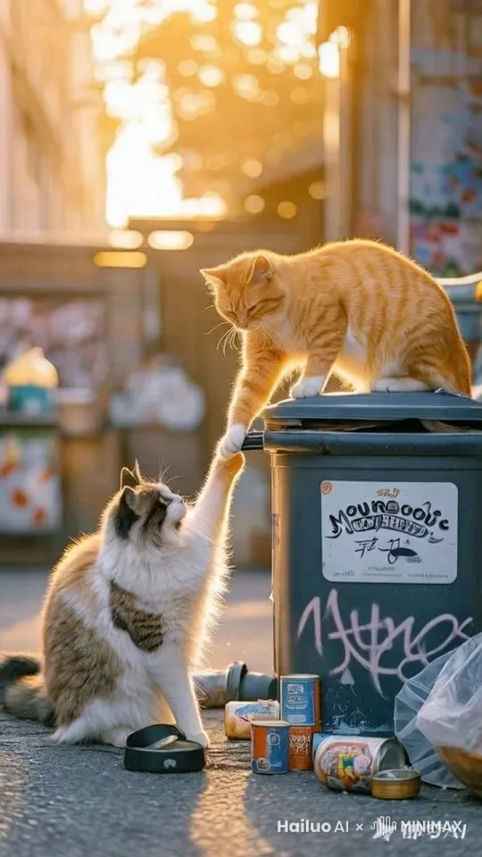 橘猫表演单手开罐头，很开心，说，以后我是你哥，我罩着你，说着伸出爪子，两只猫爪碰一起 by Hailuo AI Video Generator
