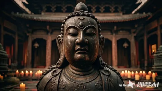 电影质感，蜡烛燃烧，镜头围绕佛头慢慢旋转  by Hailuo AI Video Generator