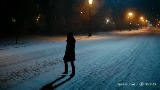 在深夜，空荡的街道，我独自走在漫天大雪中，路边的灯光似乎给这寒冷的夜一丝丝温暖 by Hailuo AI Video Generator