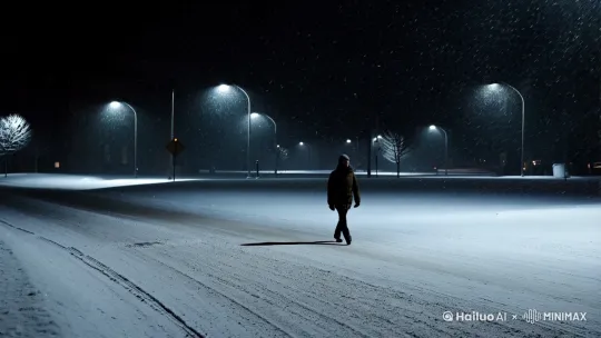 在深夜，空荡的街道，我独自走在漫天大雪中，路边的灯光似乎给这寒冷的夜一丝丝温暖，我的背影随着时间的推移，越走越远[变焦拉远] by Hailuo AI Video Generator